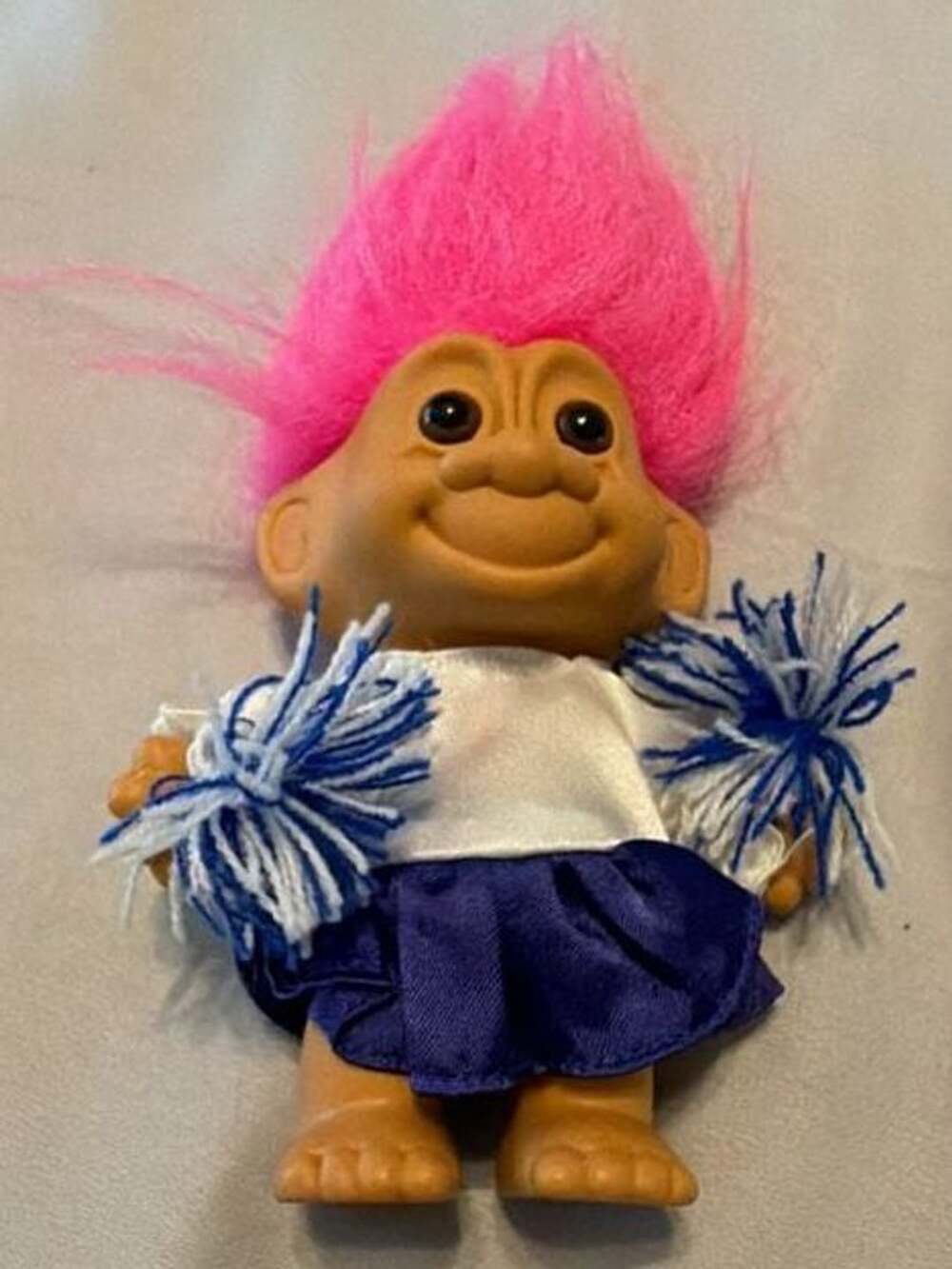 Vintage Russ Cheerleader Troll Doll Pink Hair Blue Skirt And Pom Poms